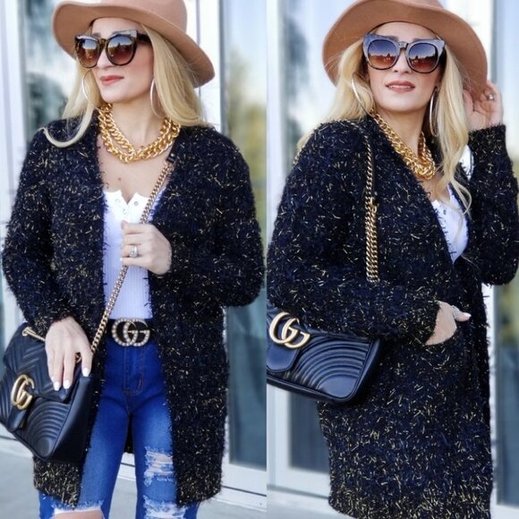 PARIS Gold Sparkly Black Cardigan with Poc… - Picture 1 of 4
